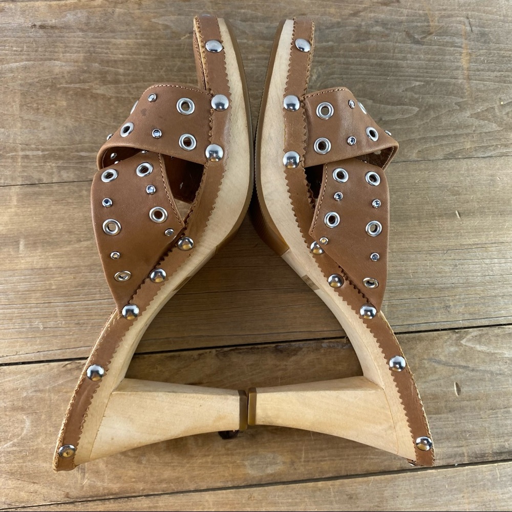 Yellow Box Wicked brown cross top wood heel sandals, 8M